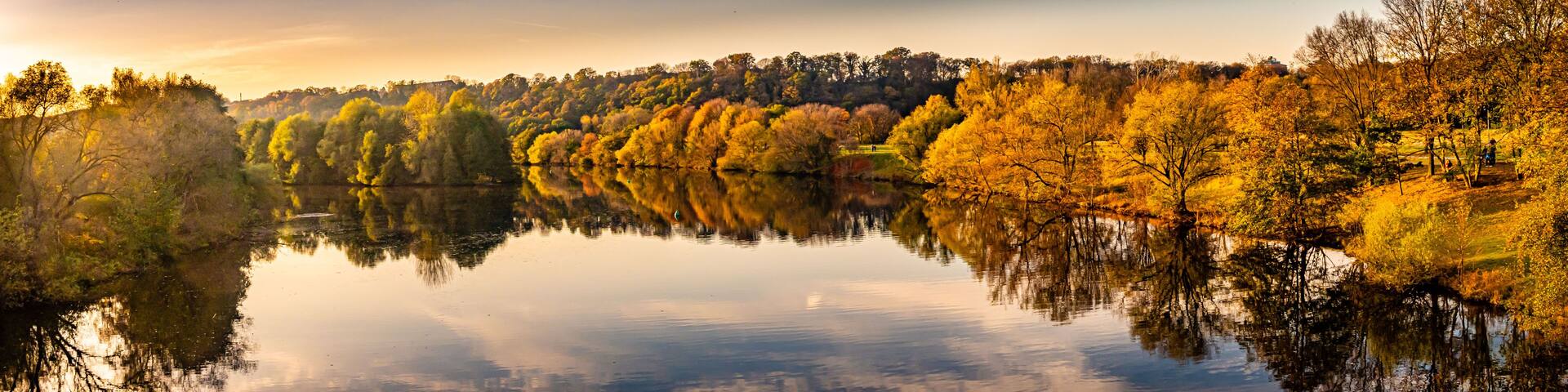 A calm lake reflecting autumn trees and a clear sky.
