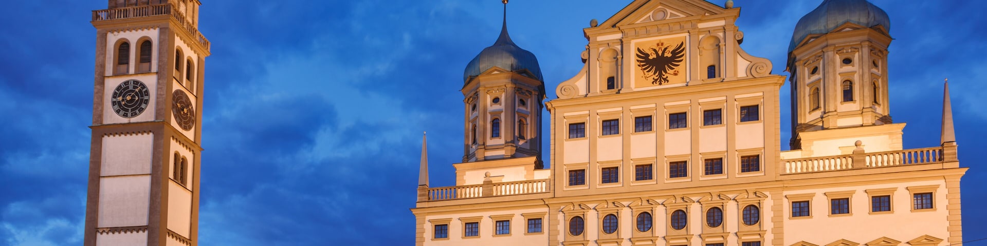 Perlach Tower and Town Hall at Rathausplatz Augsburg Swabia Bavaria Germany