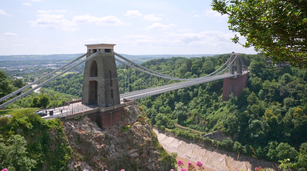 A suspension bridge with a tower, surrounded by lush greenery and a river below.