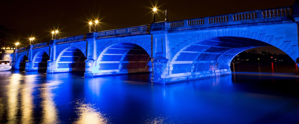 Kingston Bridge at night, illuminated by Blue Lights. Kingston upon Thames, Surrey, England, UK