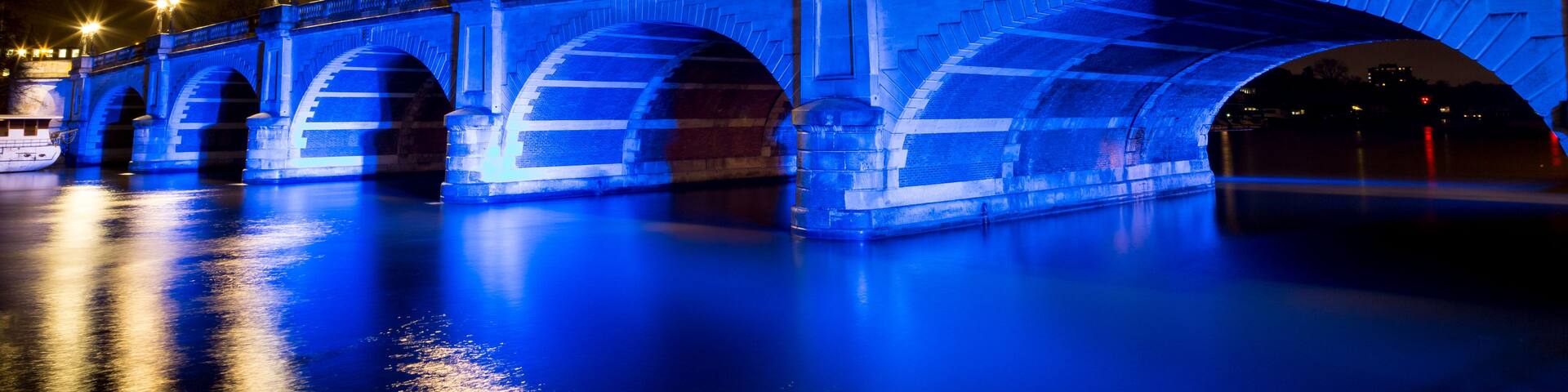 A nighttime view of a bridge with blue lighting, arched structures, and street lamps.