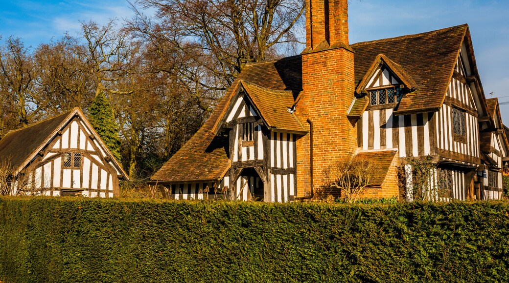 A traditional Tudor-style house with a prominent brick chimney, surrounded by a well-maintained hedge and mature trees.