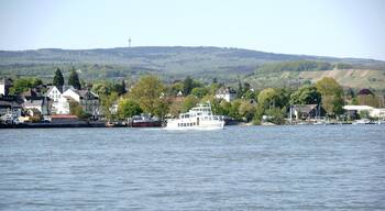 MB0XN1 A passenger ship crosses the river Main near Schierstein.