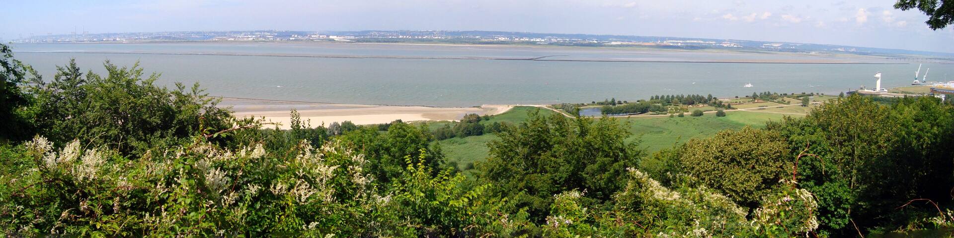 Beautiful panoramic view of the splendid bay of the Somme from the heights of the village of Saint Valery sur Somme in the Hauts-de-France region, on the coast of the English Channel