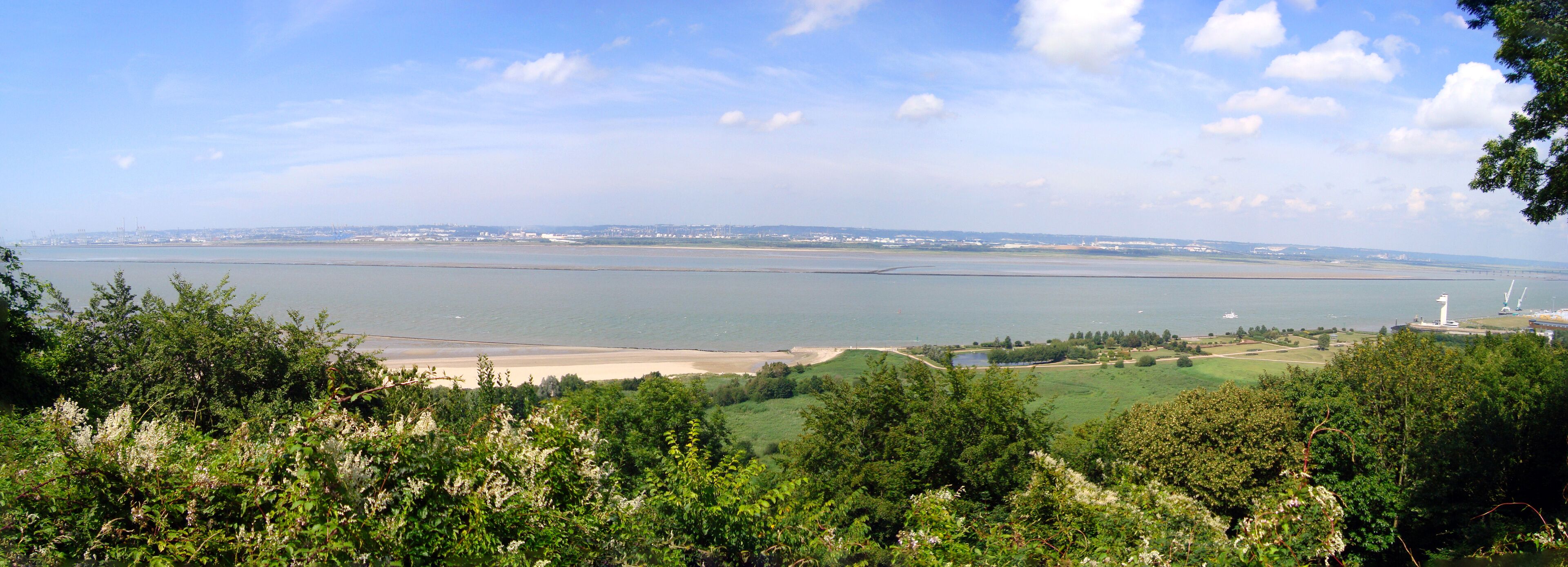 A coastal landscape with a wide river, green fields, and distant buildings.