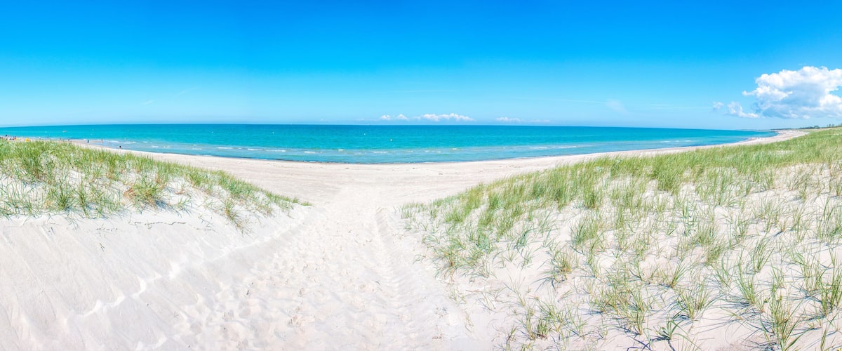 A beach with sand dunes and a clear blue sky.