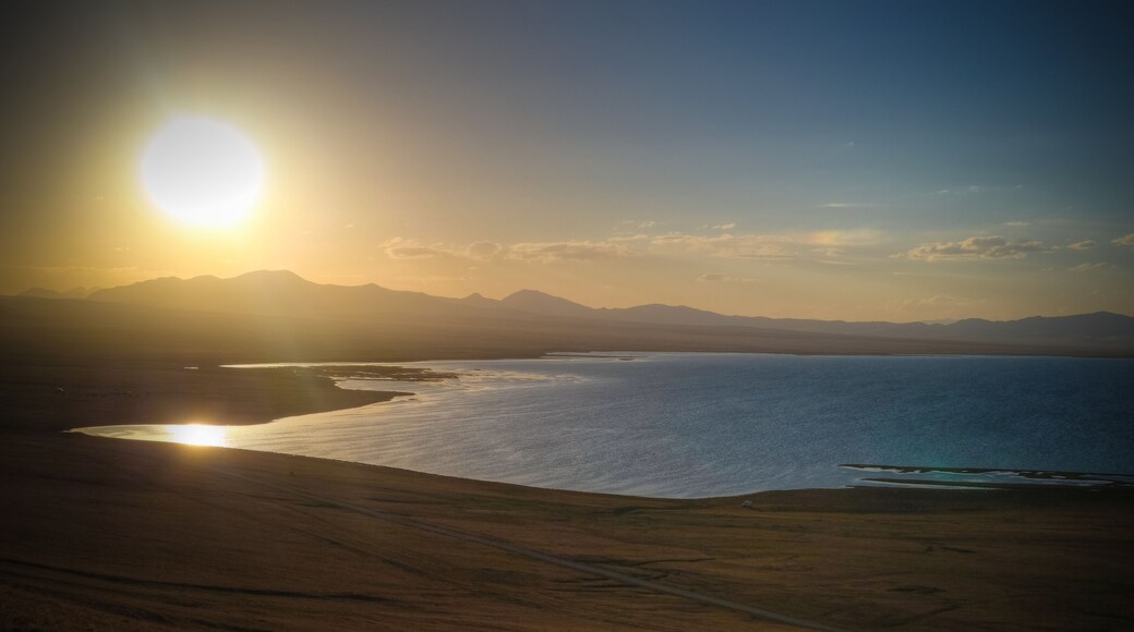 Panorama of Song Kul lake at the sunset, Kyrgyzstan