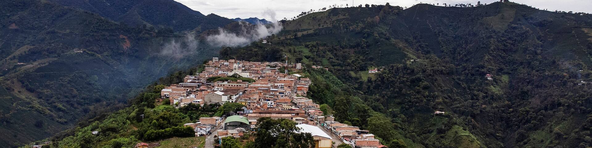 Betania, Antioquia, Colombia. October 8, 2025. Aerial drone view. Municipality with 10,605 inhabitants.