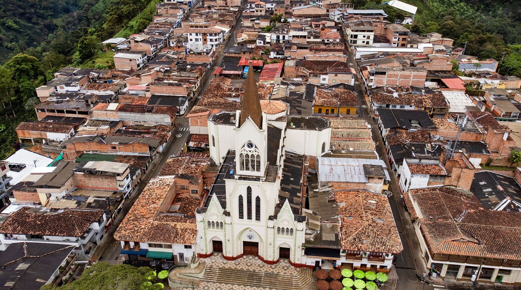 Betania, Antioquia, Colombia. October 8, 2025. Panoramic drone view of the town's main church.