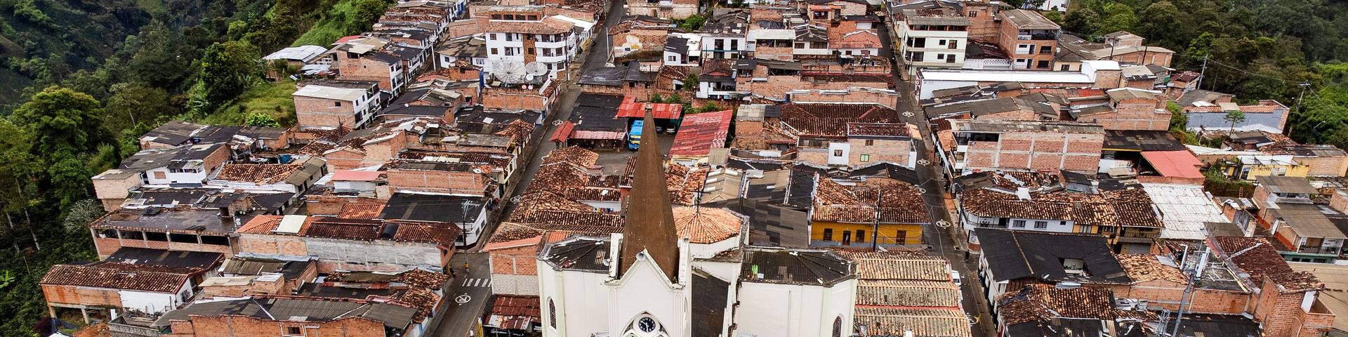 Betania, Antioquia, Colombia. October 8, 2025. Panoramic drone view of the town's main church.