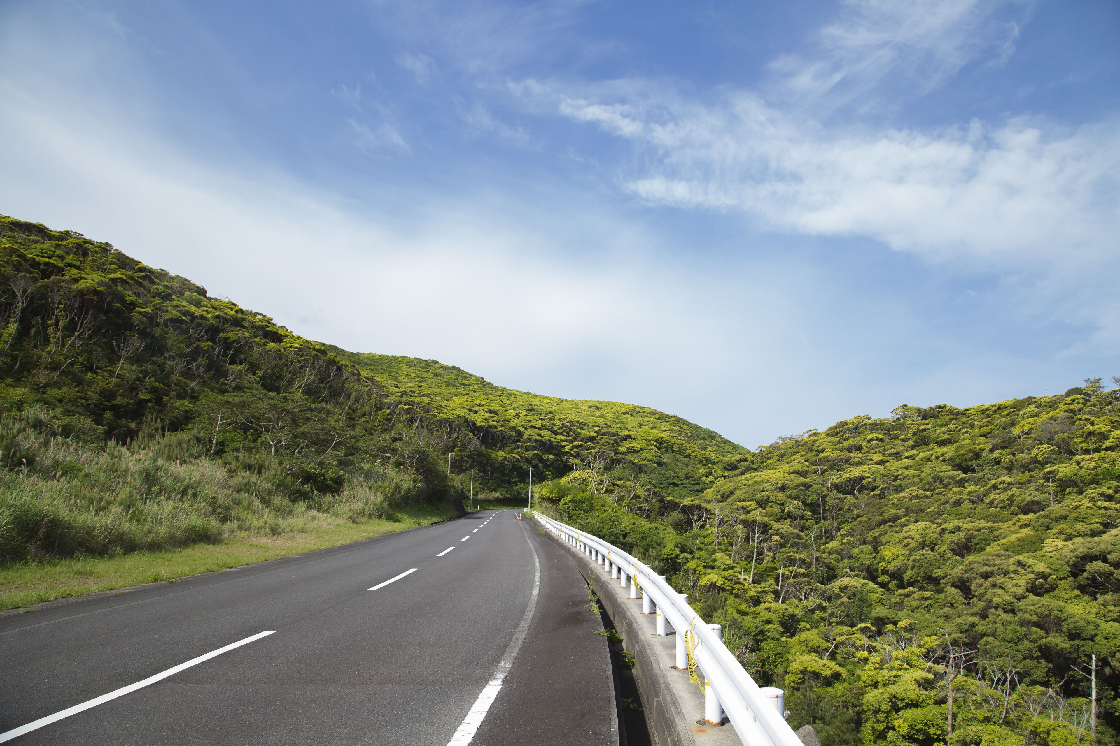 A winding road through a lush, green mountainous area with a clear sky.