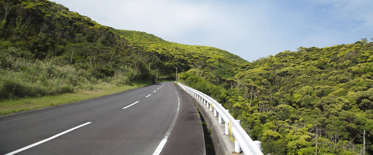 A winding road through a lush, green mountainous area with a clear sky.