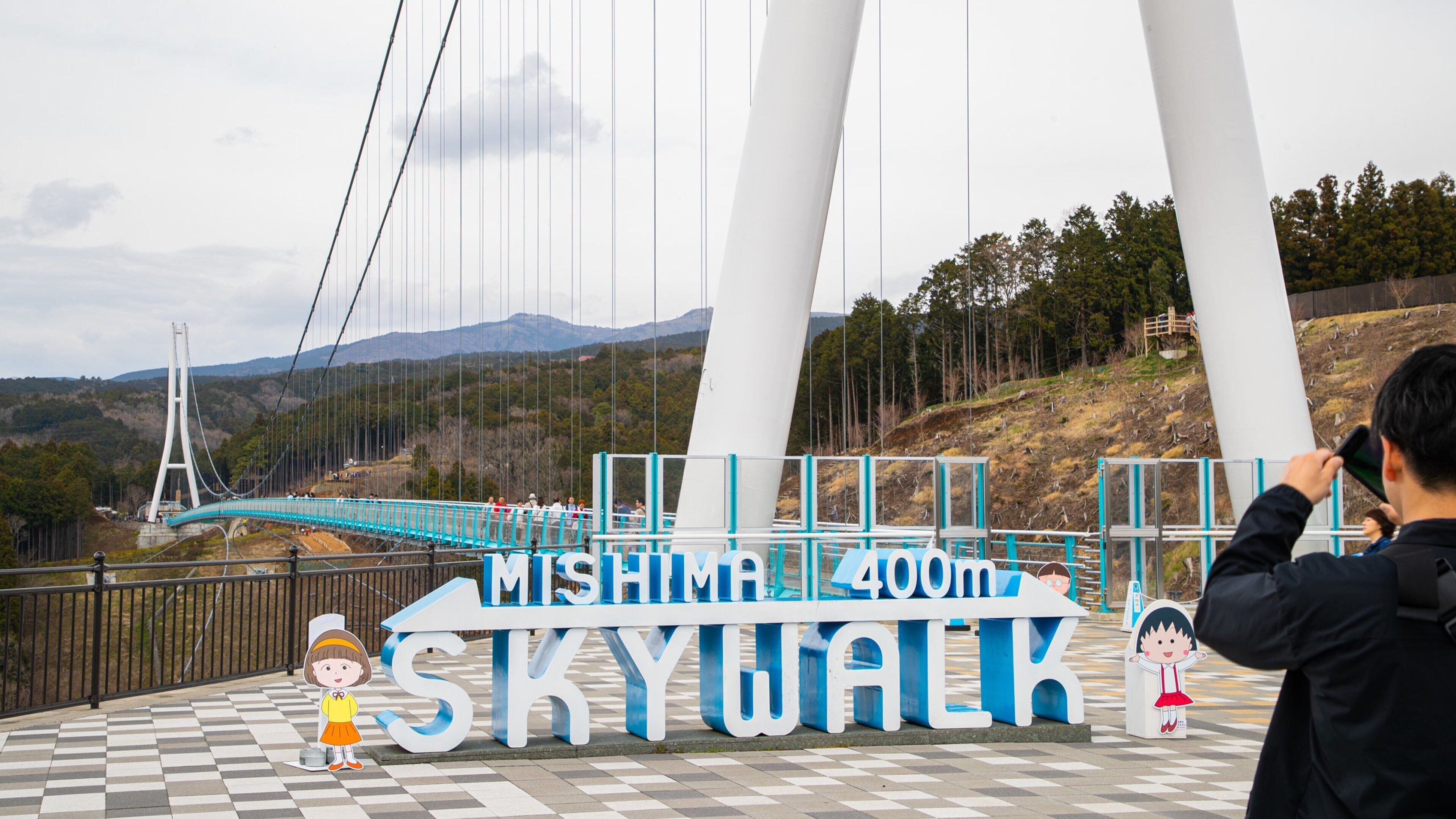 Mishima Sky Walk showing signage and a bridge as well as an individual male