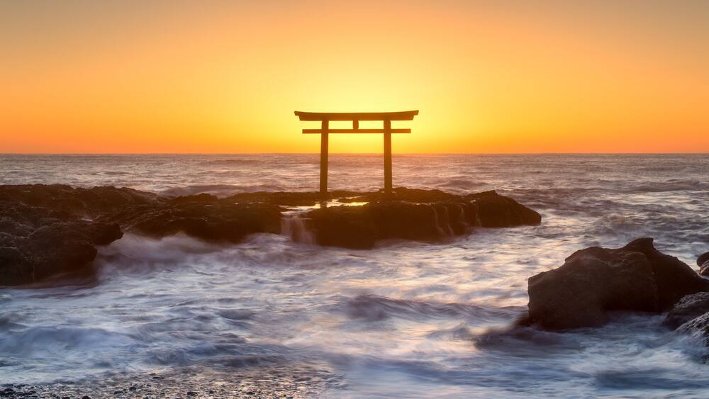 Torii gate of the Oarai Isosaki Shrine at sunrise, Ibaraki Prefecture, Japan
