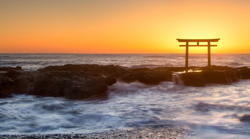 Torii gate of the Oarai Isosaki Shrine at sunrise, Ibaraki Prefecture, Japan
