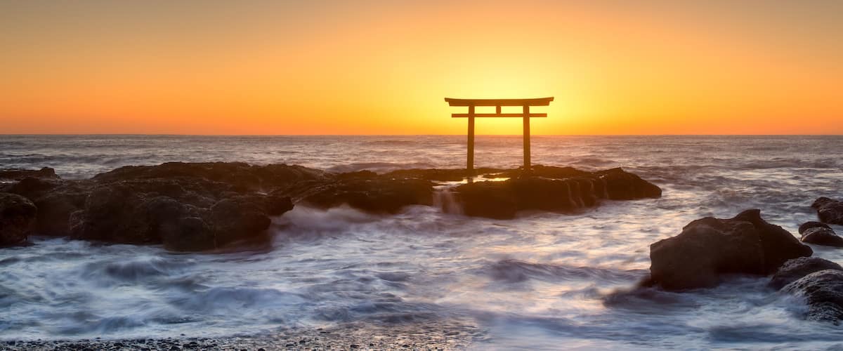 Torii gate of the Oarai Isosaki Shrine at sunrise, Ibaraki Prefecture, Japan