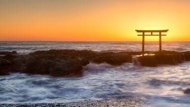 Torii gate of the Oarai Isosaki Shrine at sunrise, Ibaraki Prefecture, Japan