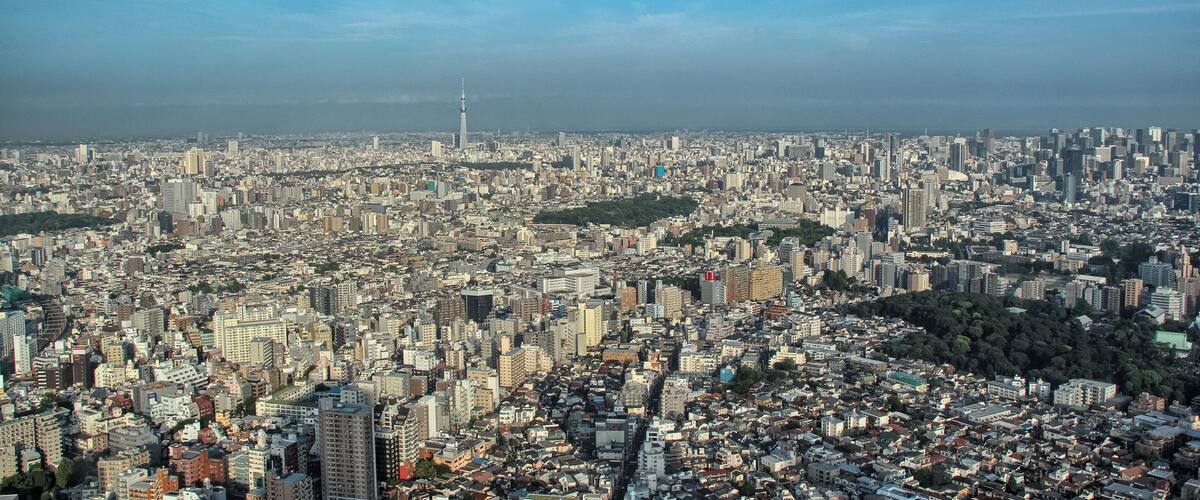 A panoramic view of a densely populated city with numerous buildings and a prominent tower in the distance.