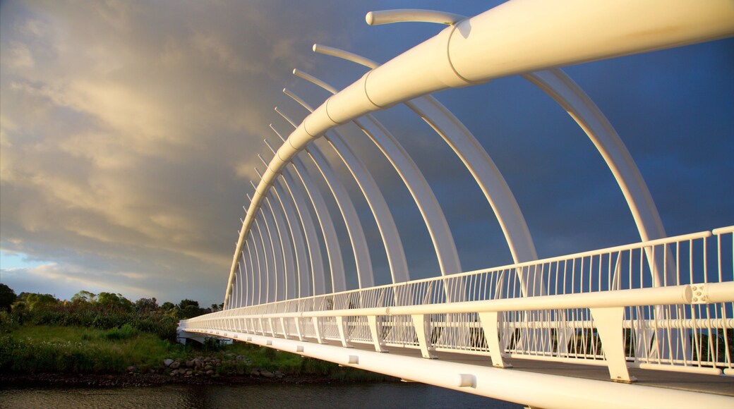 Te Rewa Rewa Bridge showing a sunset and a bridge