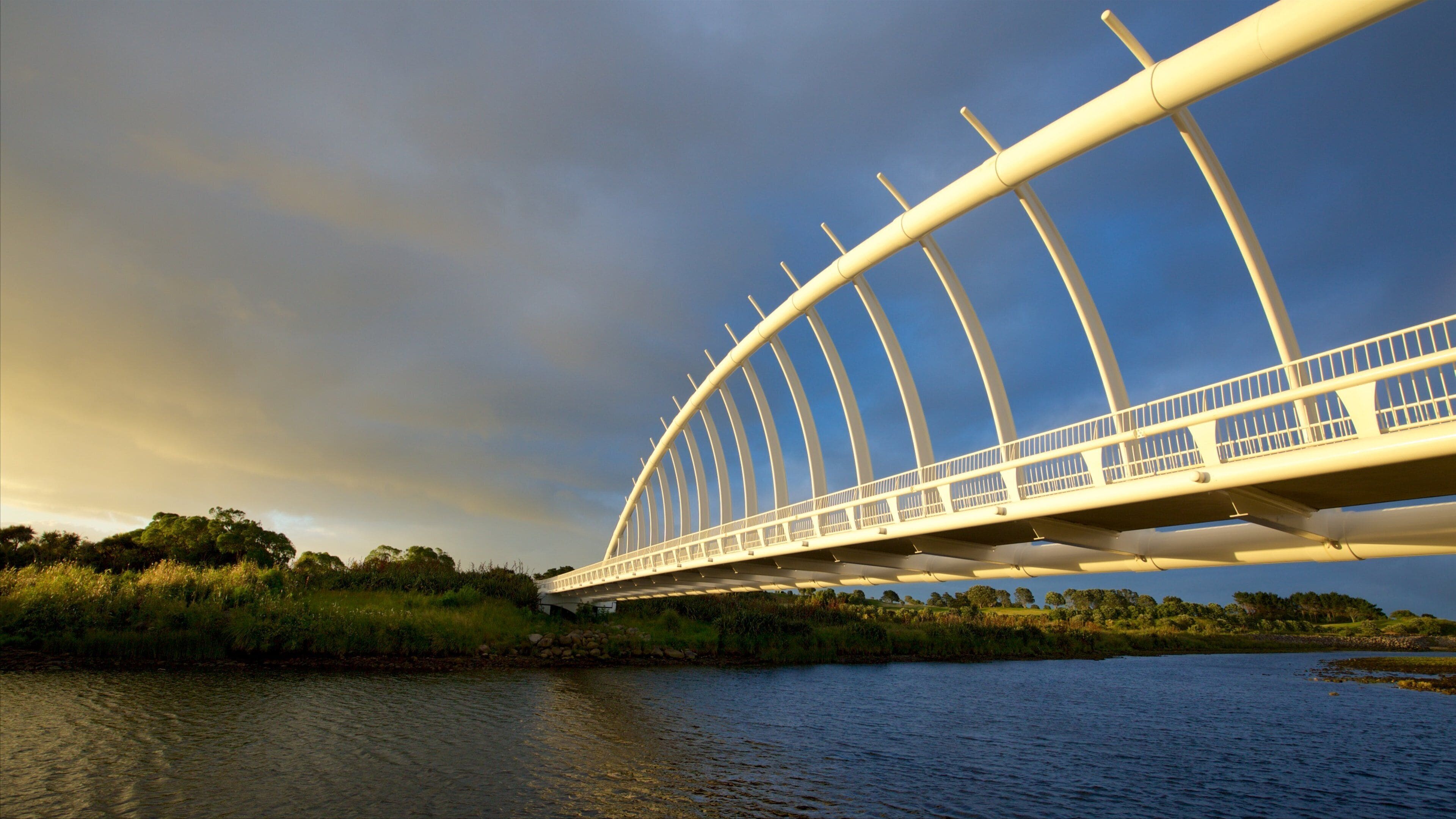 Te Rewa Rewa Bridge showing a sunset, a river or creek and a bridge