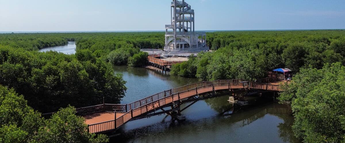 A white tower with a spiral staircase, surrounded by lush greenery and a river.