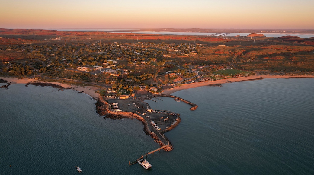 Aerial view of picturesque coastline at sunset with serene beach and tranquil ocean, Pilbara Region, Ashburton, Australia.