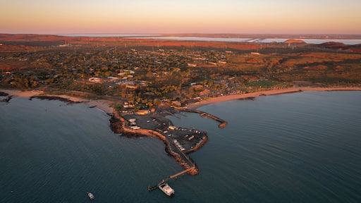 Aerial view of picturesque coastline at sunset with serene beach and tranquil ocean, Pilbara Region, Ashburton, Australia.