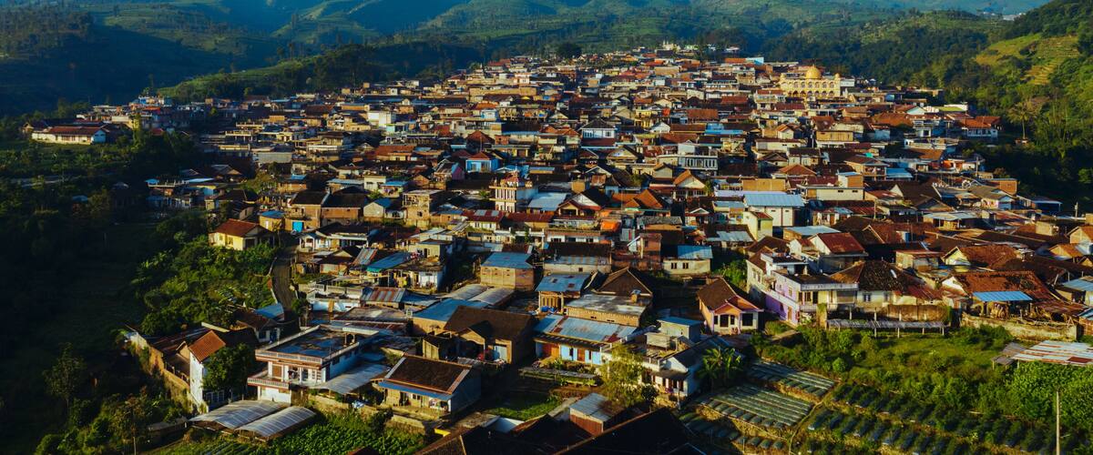 A town with a mountain in the background.