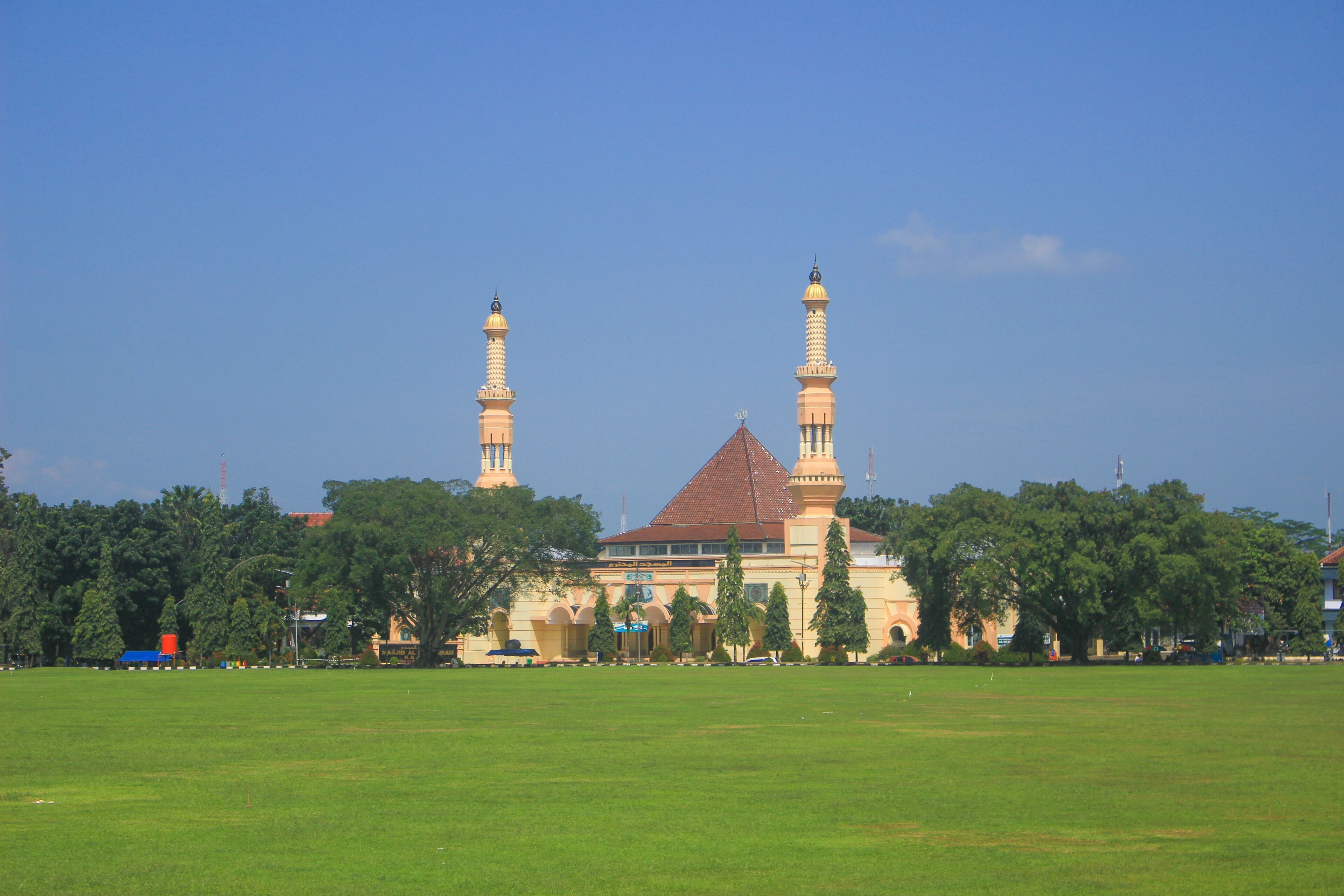 A mosque with two minarets and a large green field in the foreground.
