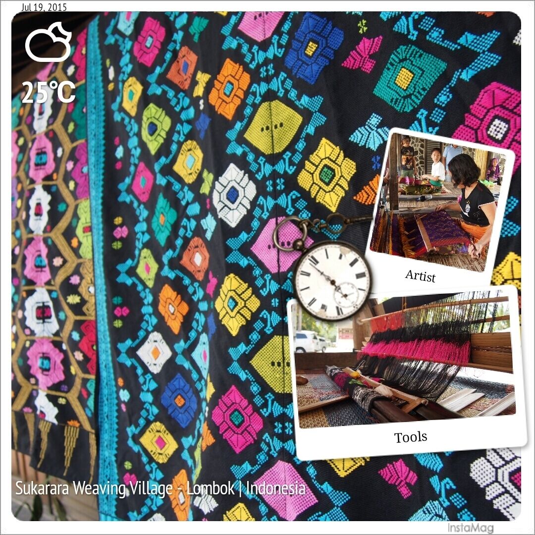 A colorful woven fabric with geometric patterns, a traditional weaving loom, and a clock.