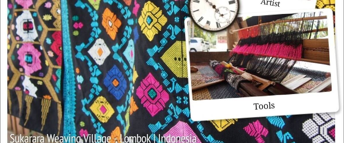 A colorful woven fabric with geometric patterns, a traditional weaving loom, and a clock.