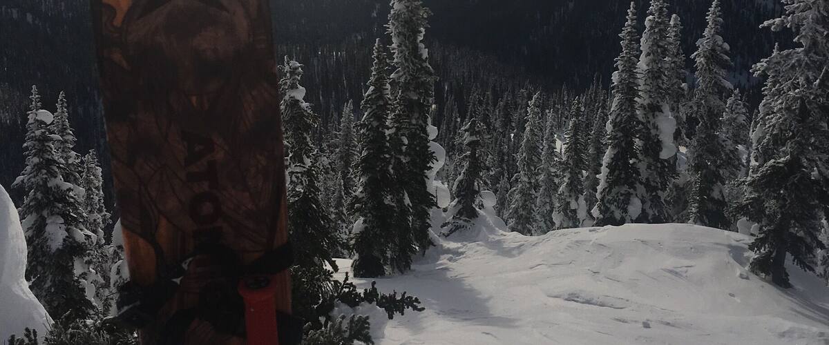 A snowboard on a snowy mountain with evergreen trees and a lake in the distance.