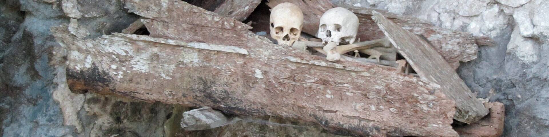 High in the mountains of Sulawesi there is a funereal culture called the Tana Toraja. This coffin with its owners' skulls is on the side of a cliff. Funerals are a huge event in the life of the Torajans. #Indonesia
