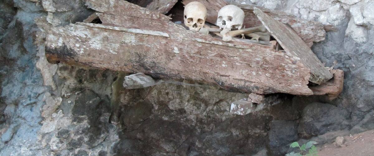 A wooden structure with two skulls inside, set against a rocky background.