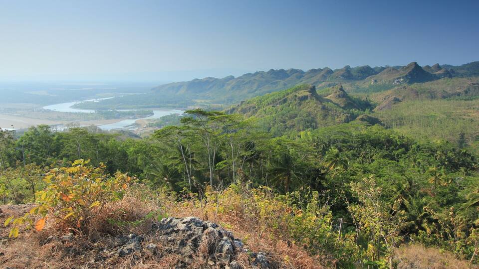 A mountainous landscape with a river, dense forest, and rocky outcrops.