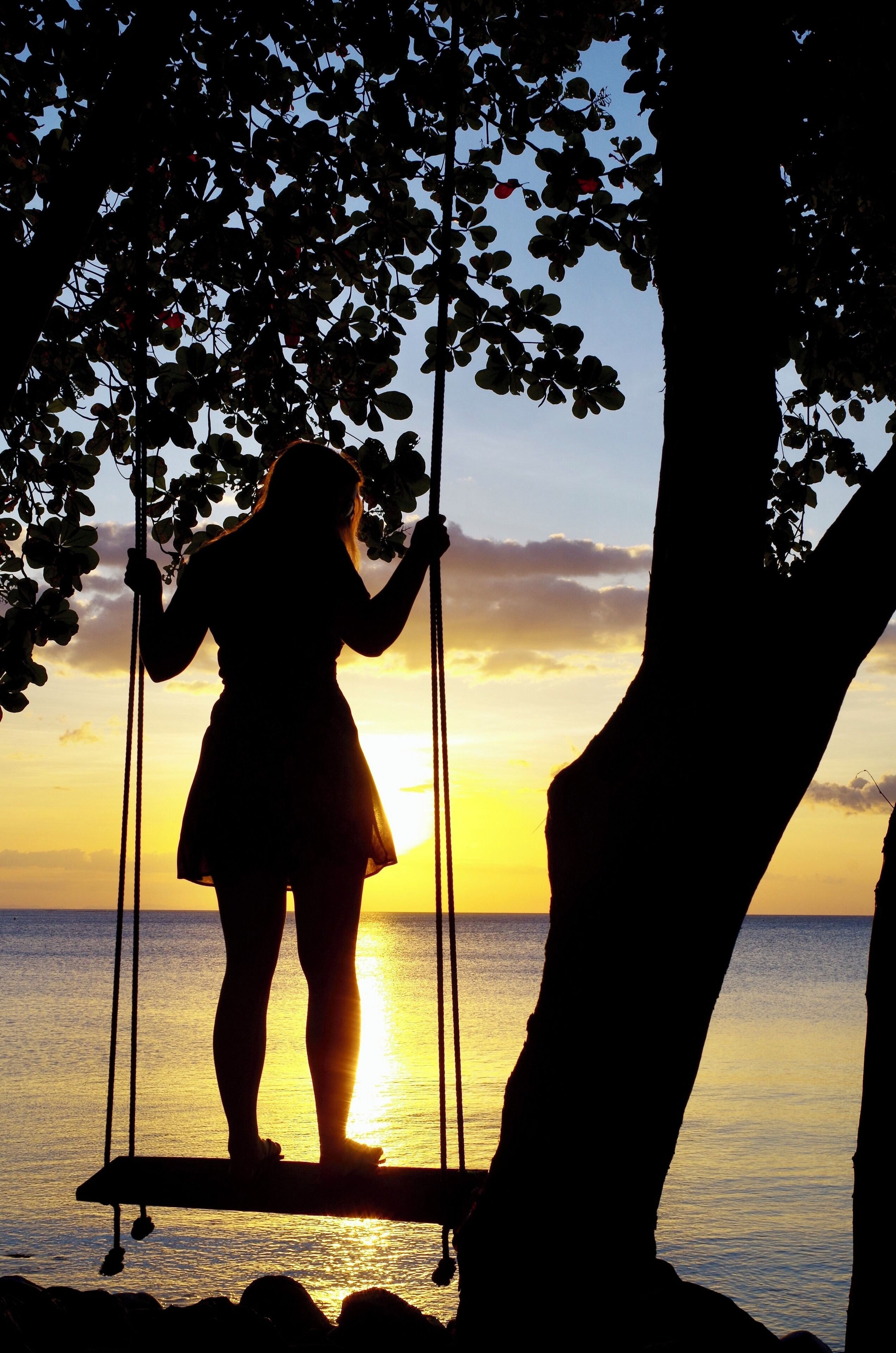 A silhouette of a person on a swing overlooking a sunset over the ocean.