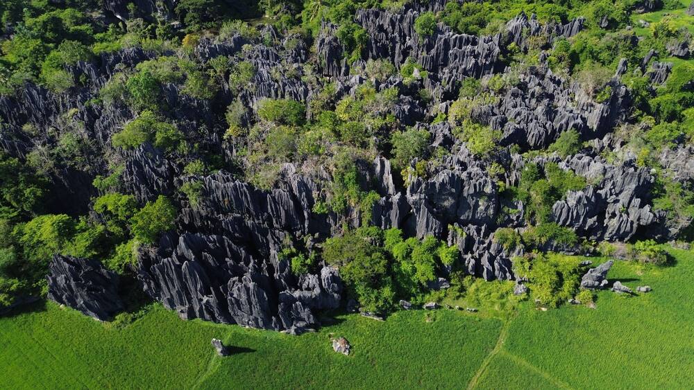 Aerial view of the Karst village located in Rammang-rammang, Maros Regency, South Sulawesi