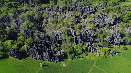 Aerial view of the Karst village located in Rammang-rammang, Maros Regency, South Sulawesi