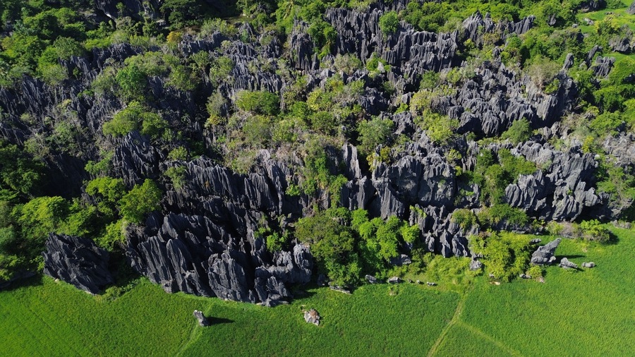Aerial view of the Karst village located in Rammang-rammang, Maros Regency, South Sulawesi