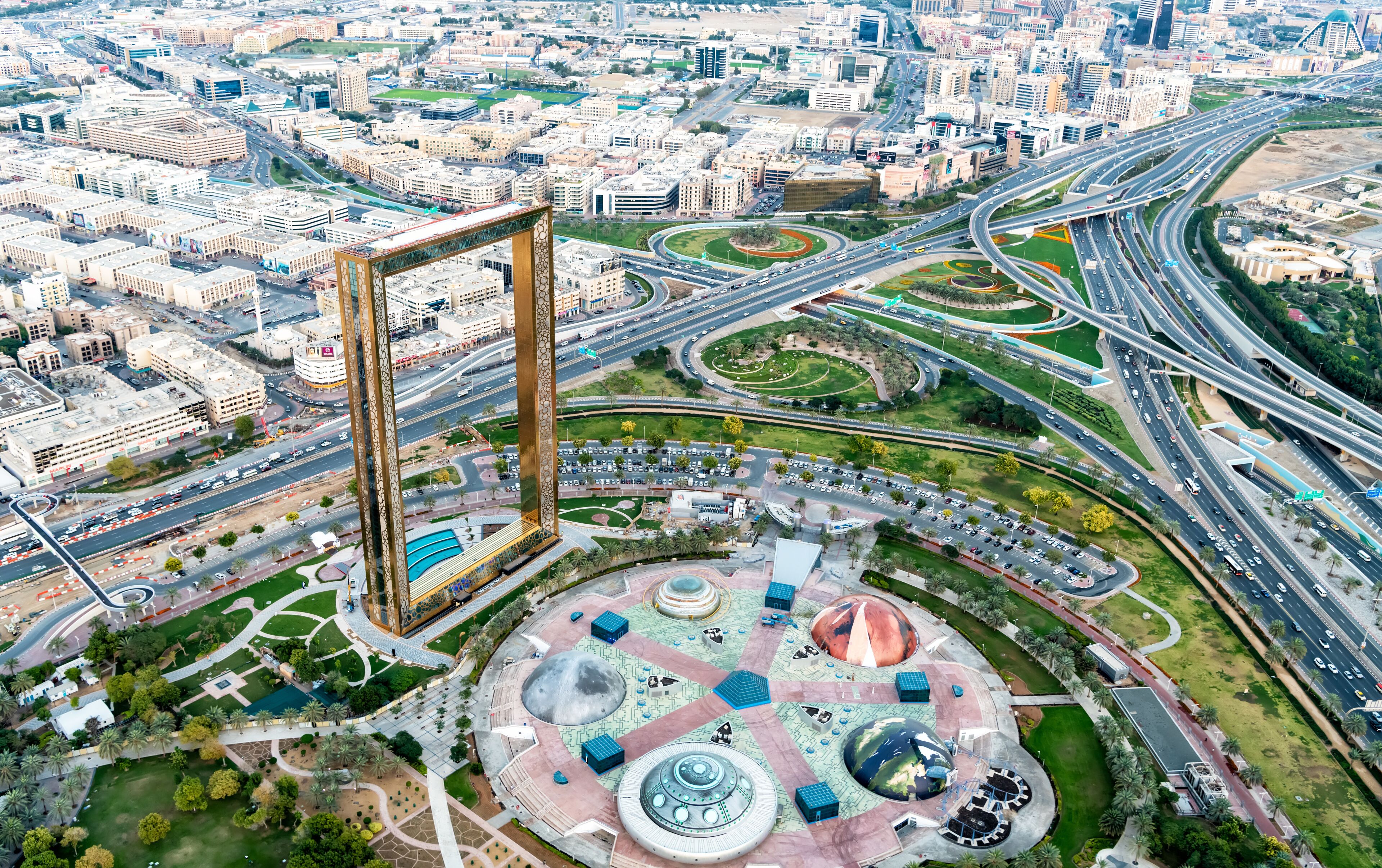 Aerial Dubai Frame city Skyline Zabeel Park UAE