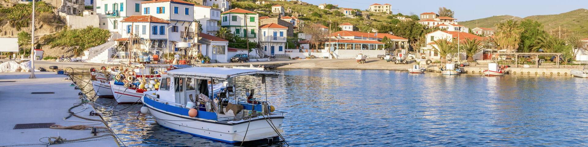 View to the picturesque harbor of Ai Stratis island, Greece