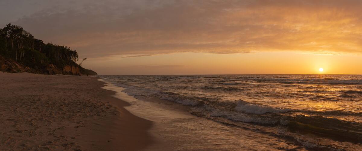 A beach with waves at sunset, sandy shore, and a forested cliff.