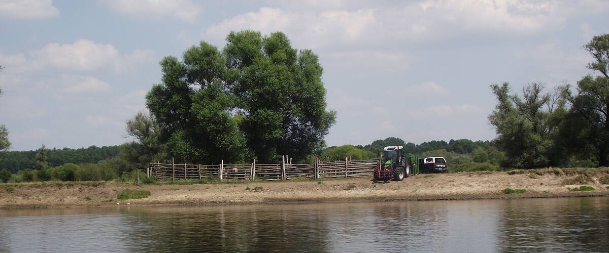 A calm river with a wooden fence and a tractor near the bank.