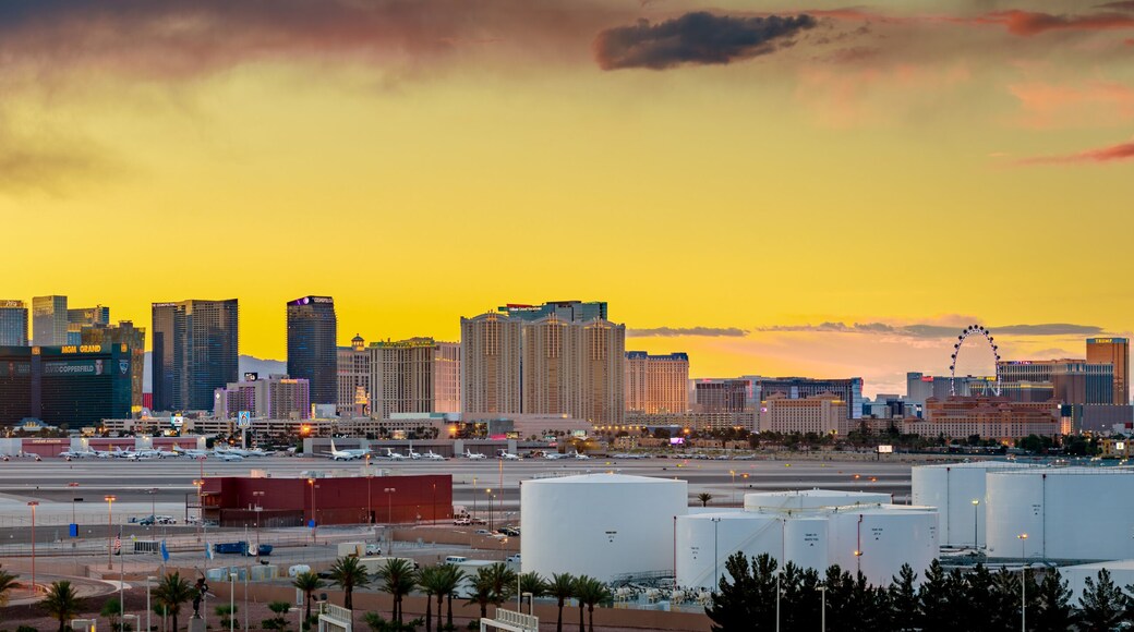 Skyline view at sunset of the famous Las Vegas Strip located in world class hotels and casinos, NV