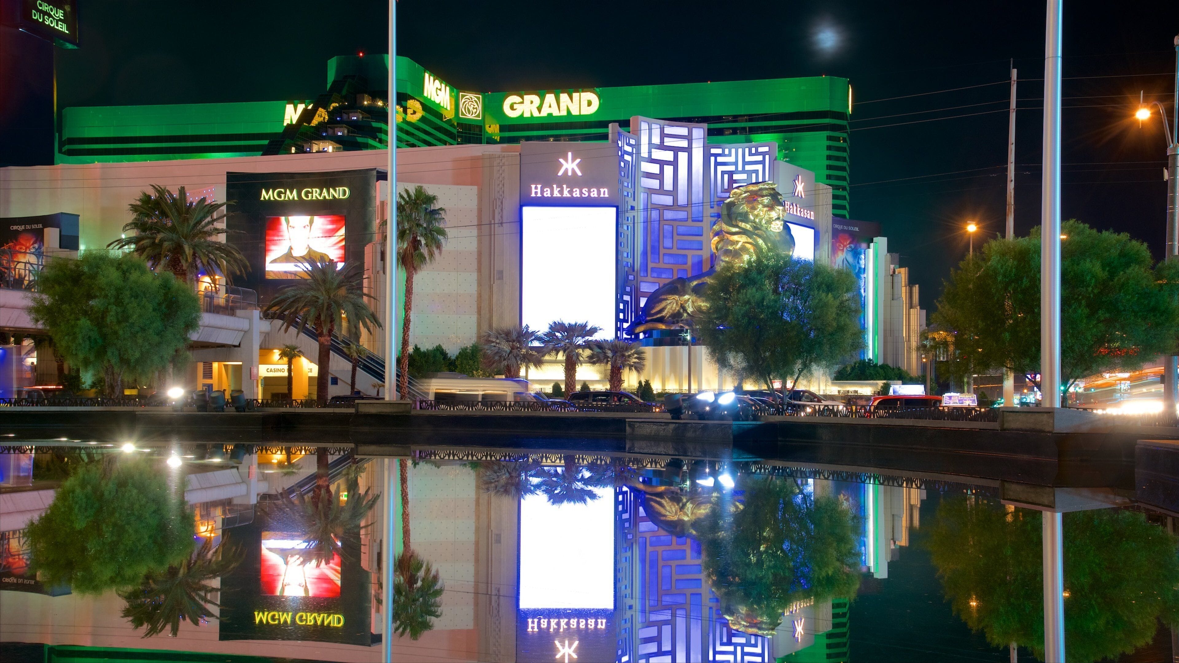 MGM Grand Casino showing a hotel, signage and night scenes