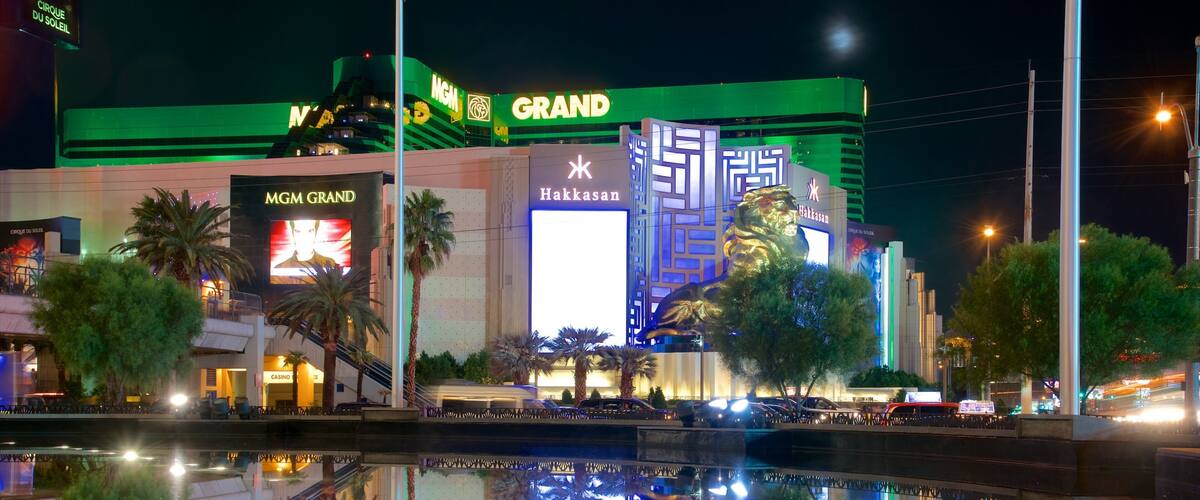 MGM Grand Casino showing a hotel, signage and night scenes