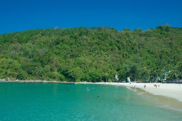 Une plage à l’eau turquoise et limpide, un rivage sablonneux et, en arrière-plan, une colline boisée.
