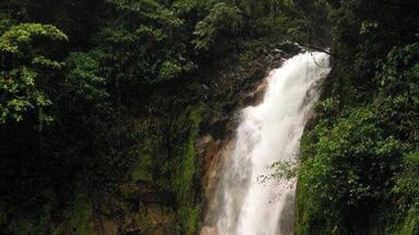 Uma cascata deságua em uma piscina azul-turquesa, cercada por vegetação exuberante.