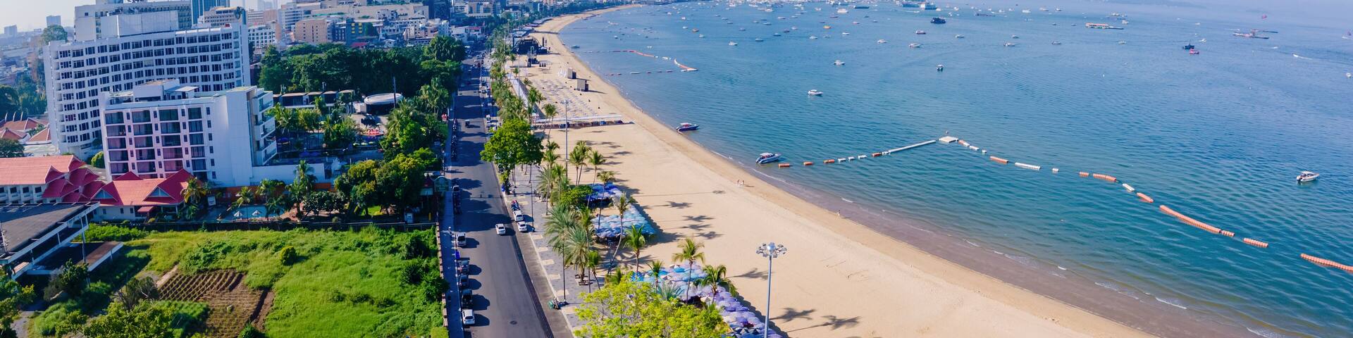 Pattaya Thailand, a view of the beach road with hotels and skyscrapers buildings alongside the renovated new beach road in the morning