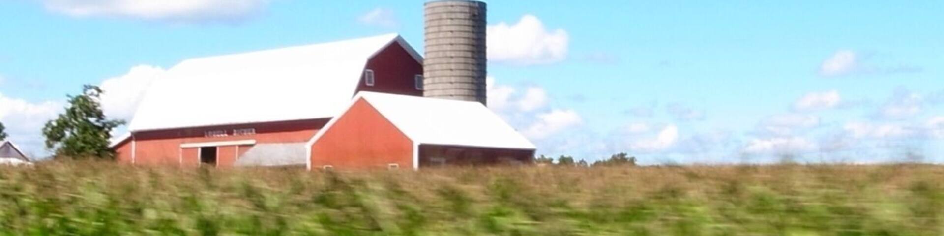 A red barn with a silo in a field.